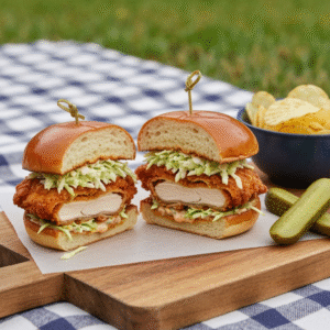 Crispy chicken sandwich on a toasted brioche bun.