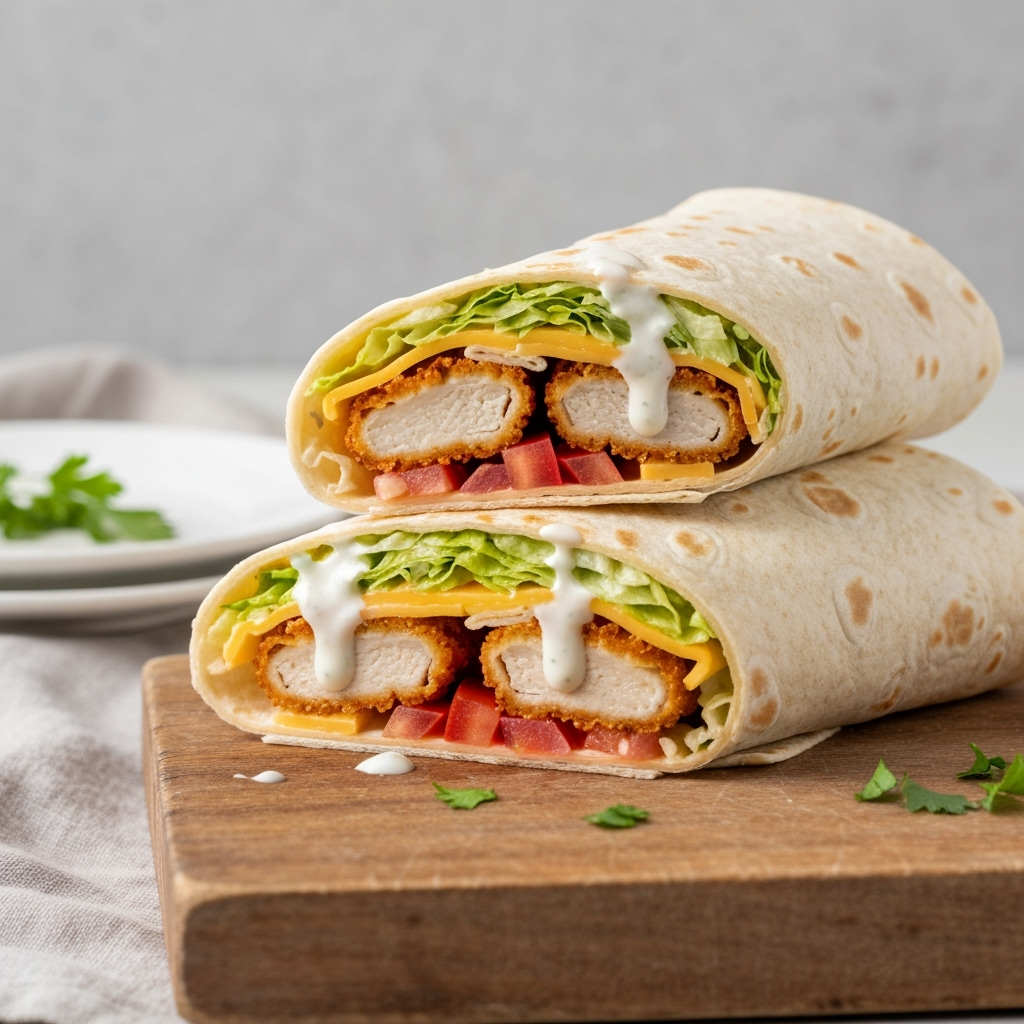 Crispy chicken wrap recipe with ranch and fresh vegetables