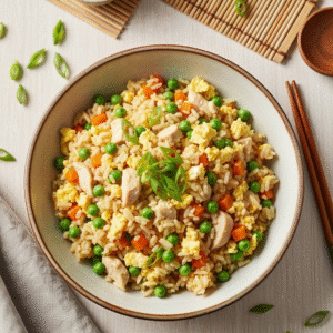 Crockpot chicken fried rice in a rustic ceramic bowl.