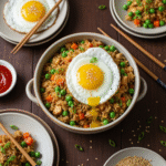 Crockpot chicken fried rice with a runny fried egg.
