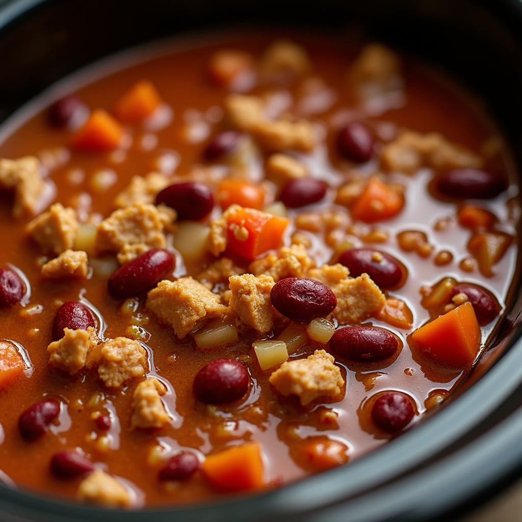 Thick and flavorful turkey chili with red kidney beans, bell peppers, and rich tomato base, close-up and steaming.