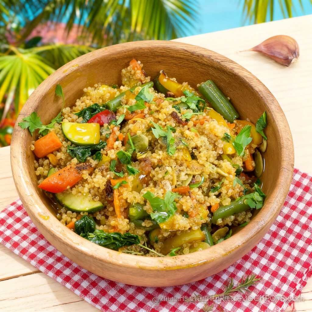 Colorful bowl of quinoa mixed with diced vegetables and herbs, fluffed and served warm.