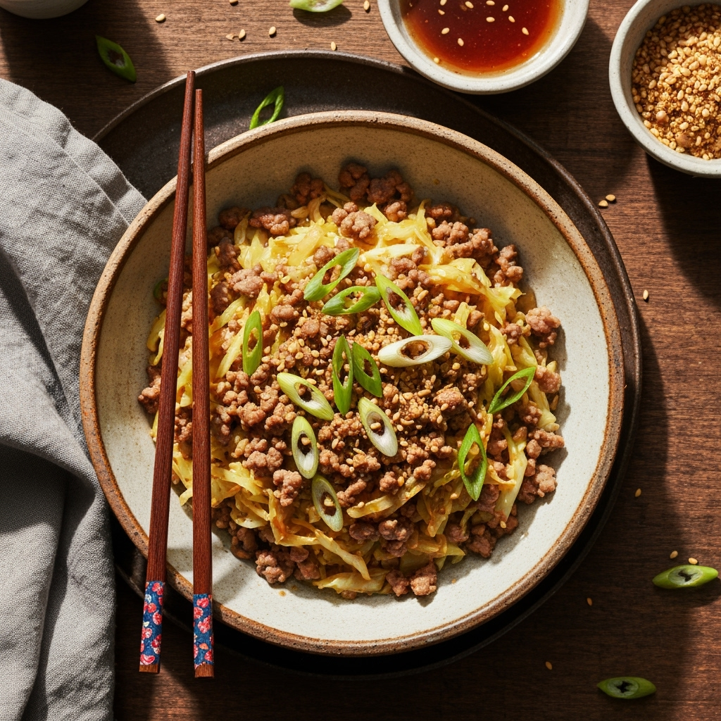 Savory egg roll in a bowl with pork and cabbage