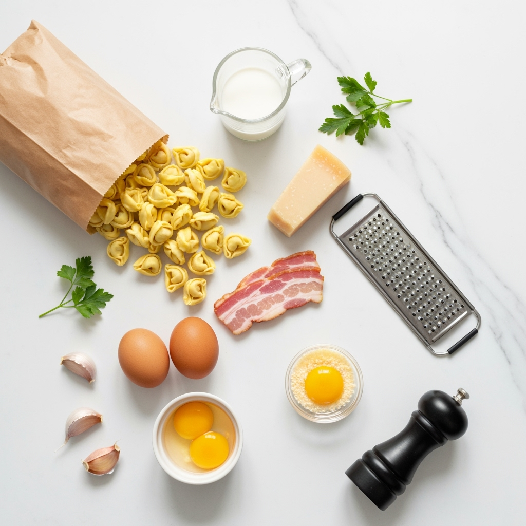 30-Minute Creamy Tortellini Carbonara Recipe 5 fresh tortellini carbonara ingredients flat lay 2025 10 02T110601.714Z