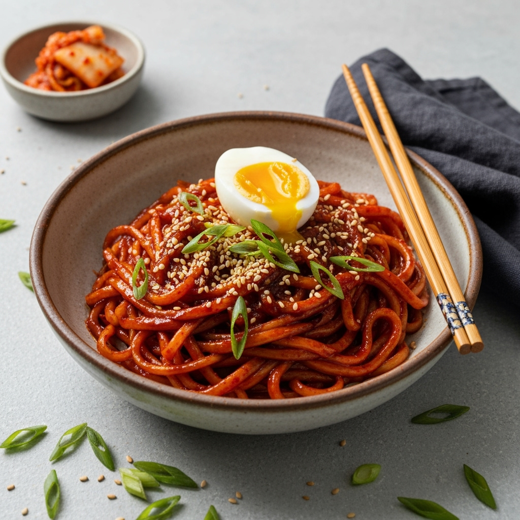 Korean Gochujang Noodles with soft boiled egg