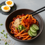 Korean Gochujang Noodles 8 Spicy Korean Gochujang Noodles with fresh garnishes.