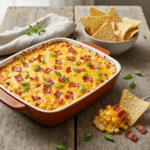 Golden bubbly crack corn dip with bacon and cheddar cheese.