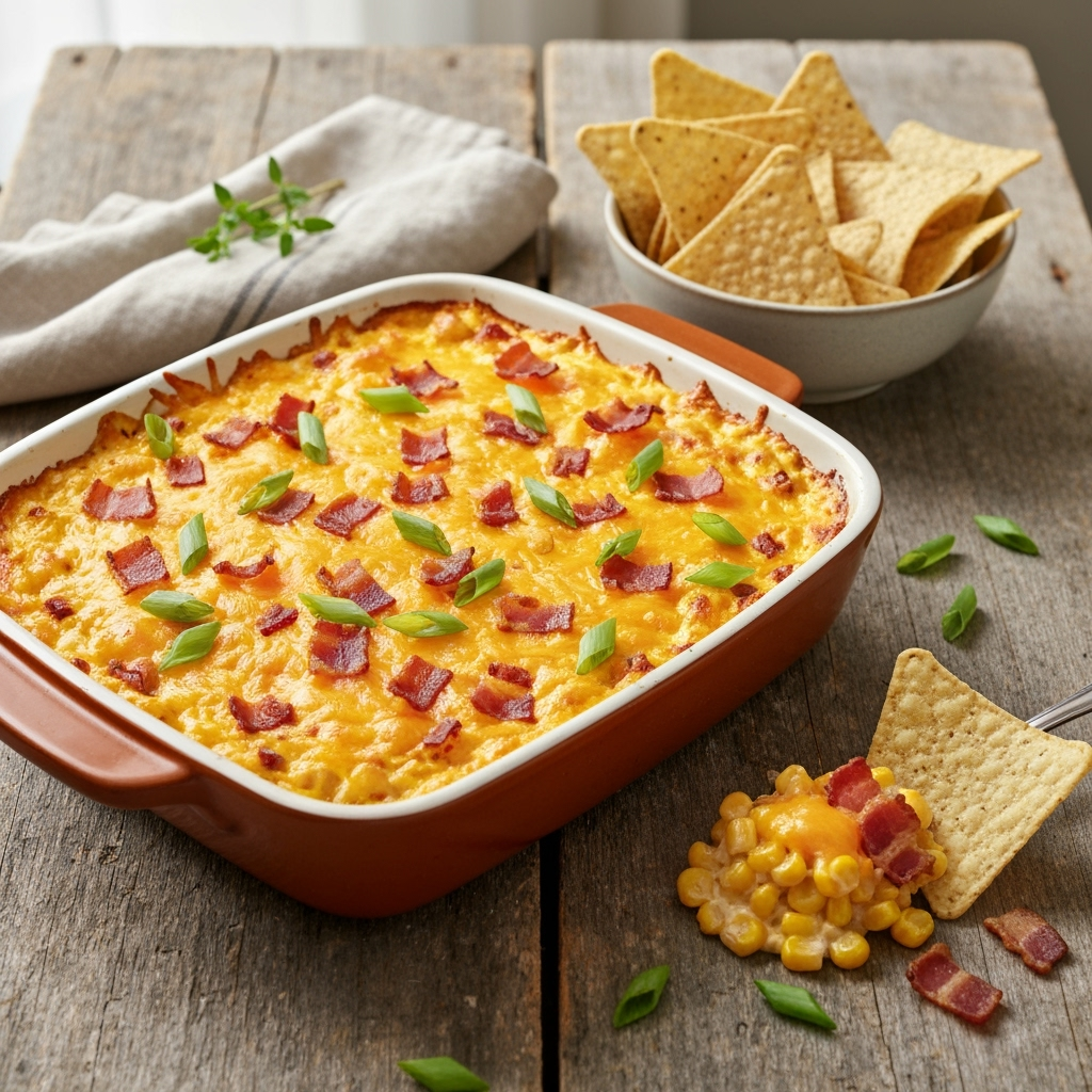 Golden bubbly crack corn dip with bacon and cheddar cheese.