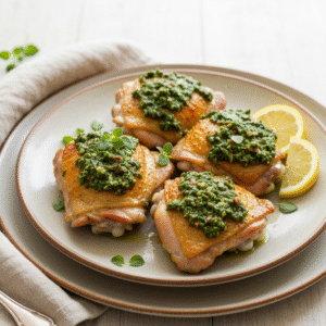 Crispy chimichurri chicken thighs with fresh herb sauce.