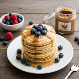 High protein pancakes with blueberries maple syrup and almond butter