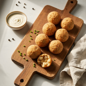 Golden Bisquick sausage balls with cheese on a rustic board