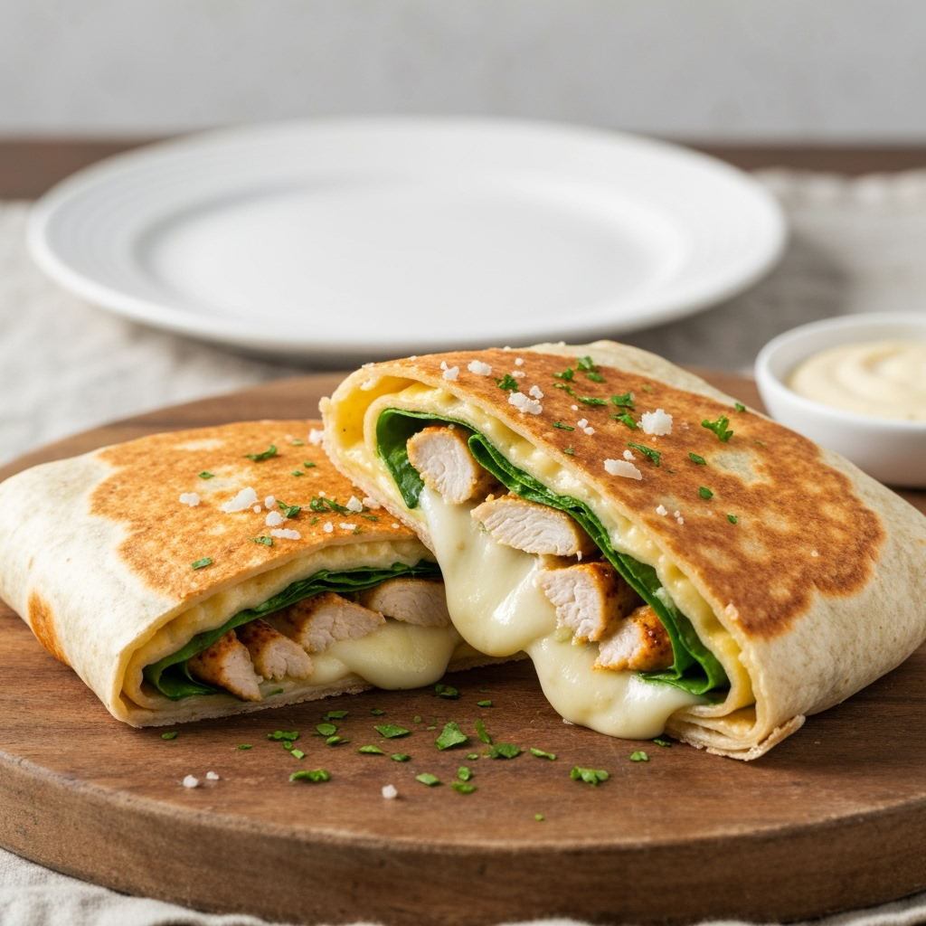 Gooey cheesy garlic chicken wrap sliced open revealing filling