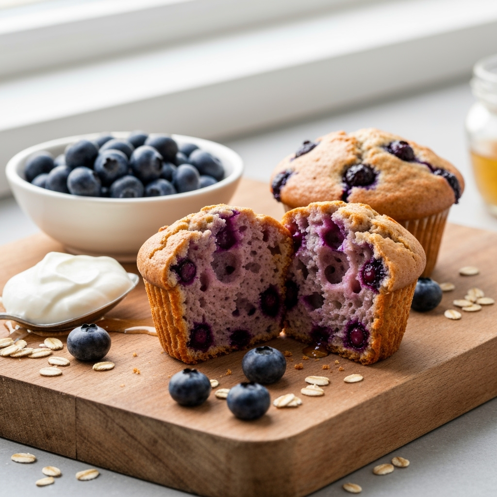 Healthy Greek yogurt blueberry protein muffin recipe with fresh blueberries.