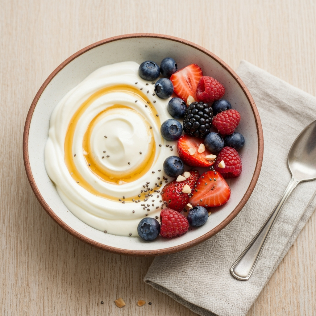 Healthy Greek yogurt bowl with fresh berries and honey drizzle.