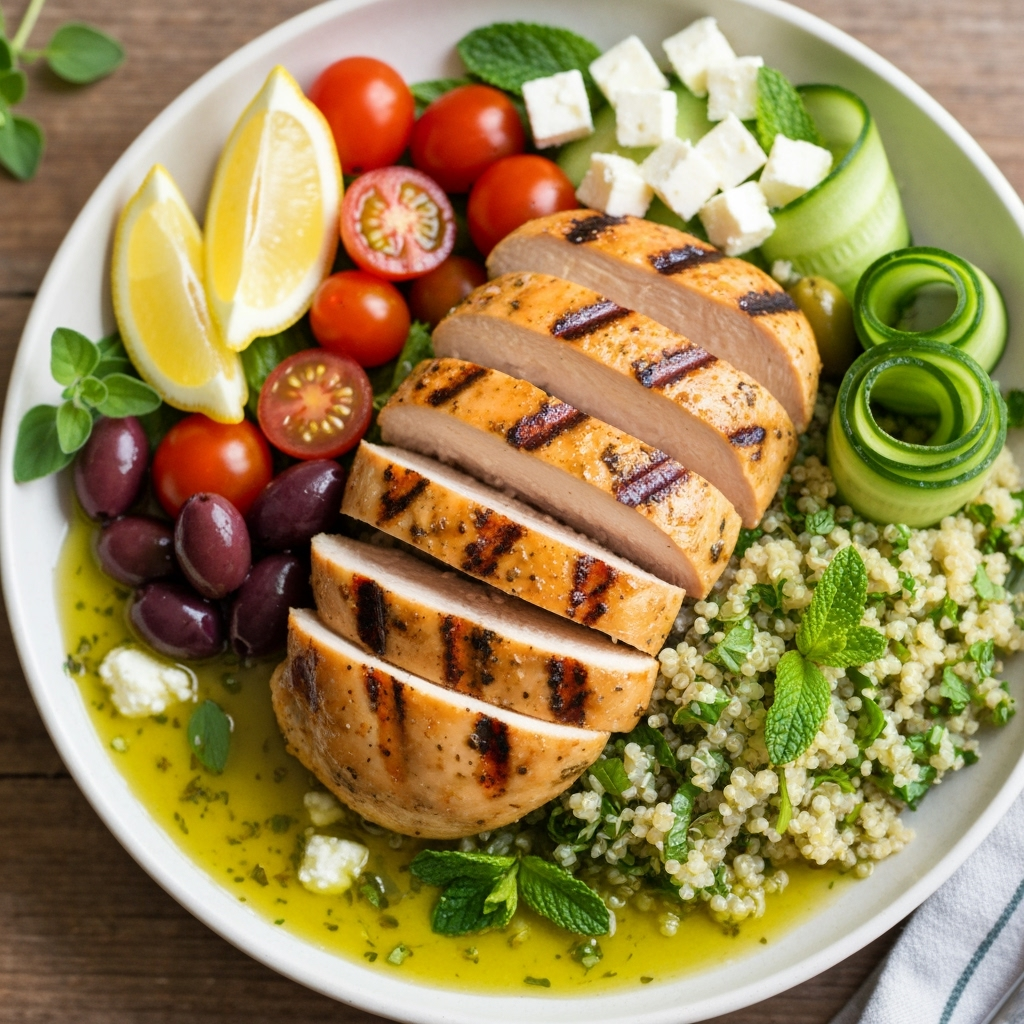 grilled chicken mediterranean quinoa bowl