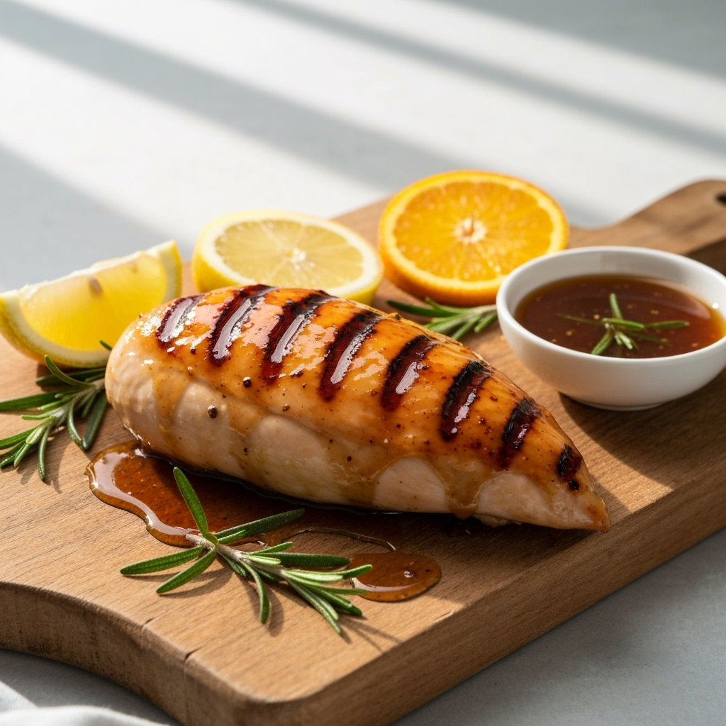 Juicy grilled citrus chicken with honey glaze on rustic board