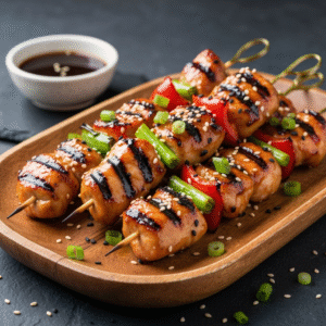 Grilled teriyaki sesame chicken skewers with vegetables.