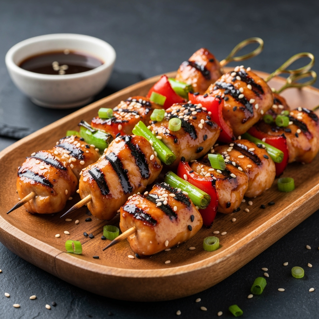 Grilled teriyaki sesame chicken skewers with vegetables.