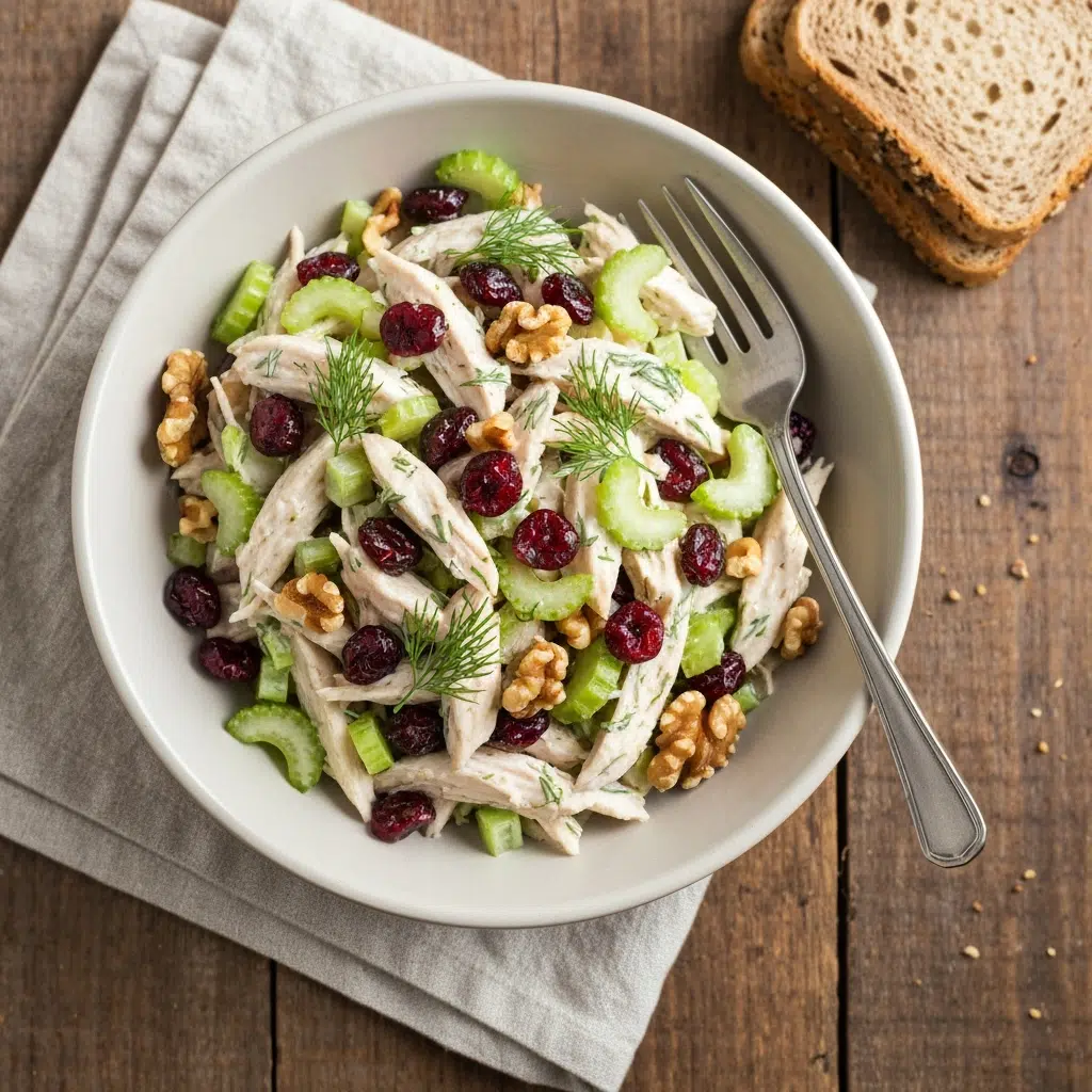 Healthy chicken salad with cranberries, celery, walnuts, and dill.
