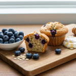 Healthy Greek Yogurt Blueberry Protein Muffins 6 Healthy Greek yogurt blueberry protein muffin on rustic cutting board.