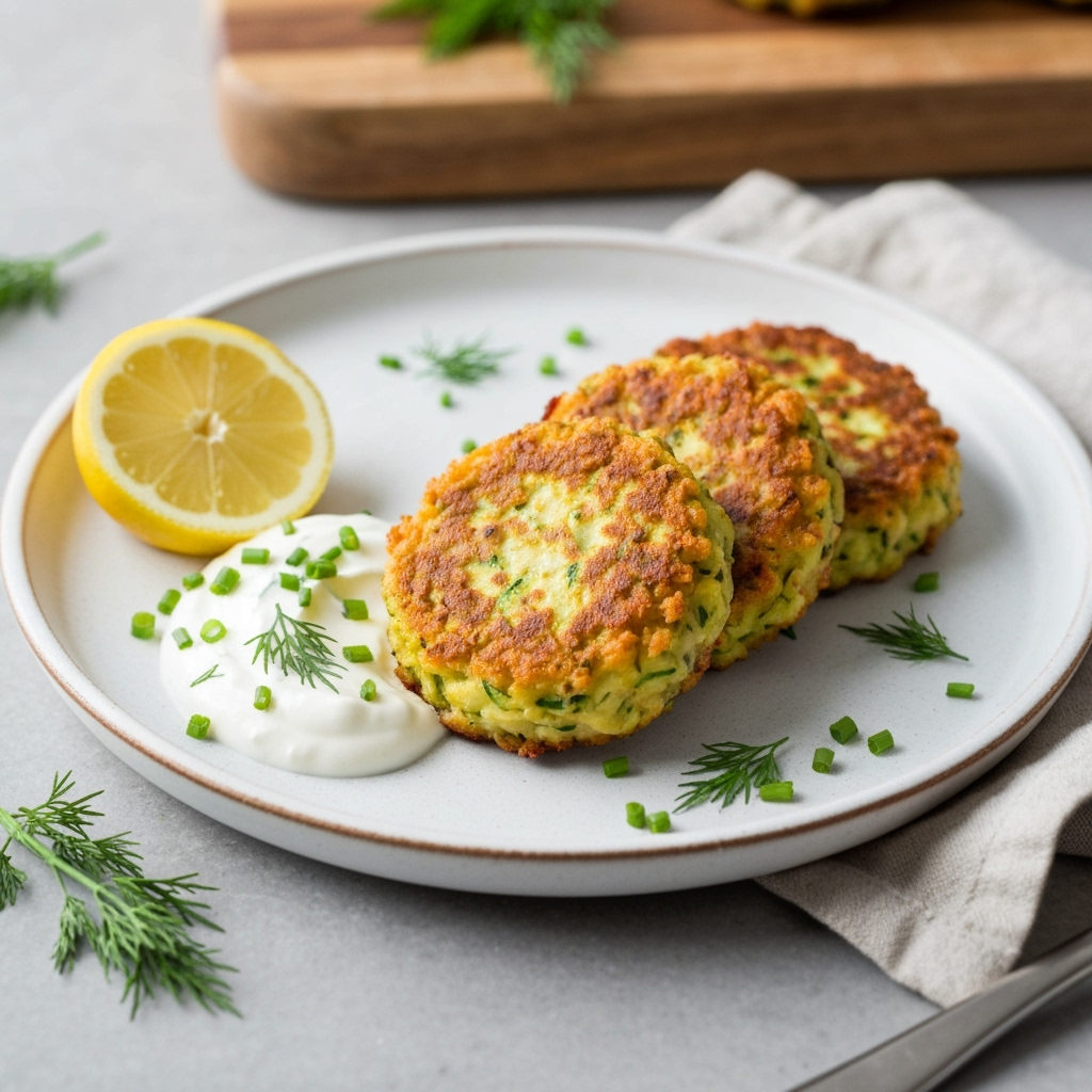 High protein chicken zucchini fritters with Greek yogurt dip