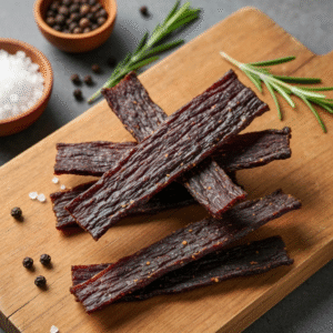 Homemade deer jerky recipe on a rustic wooden board.
