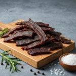 Deer Jerky Recipe 6 Homemade deer jerky recipe on rustic wooden board