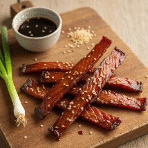 Homemade teriyaki salmon jerky on a rustic wooden cutting board.