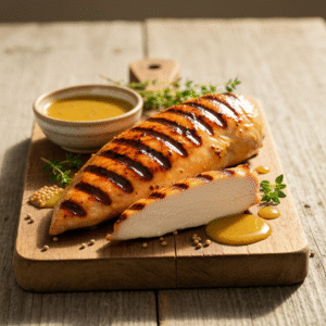 Golden honey mustard grilled chicken breast with juicy grill marks.