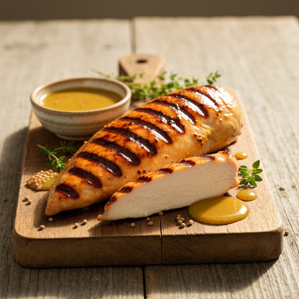 Golden honey mustard grilled chicken breast with juicy grill marks.