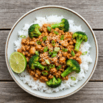 Honey Sriracha Ground Chicken and Broccoli 8 Honey Sriracha ground chicken and broccoli rice bowl.