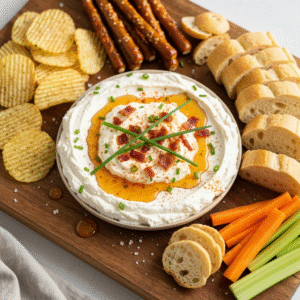 Hot honey cream cheese dip with bacon and chives