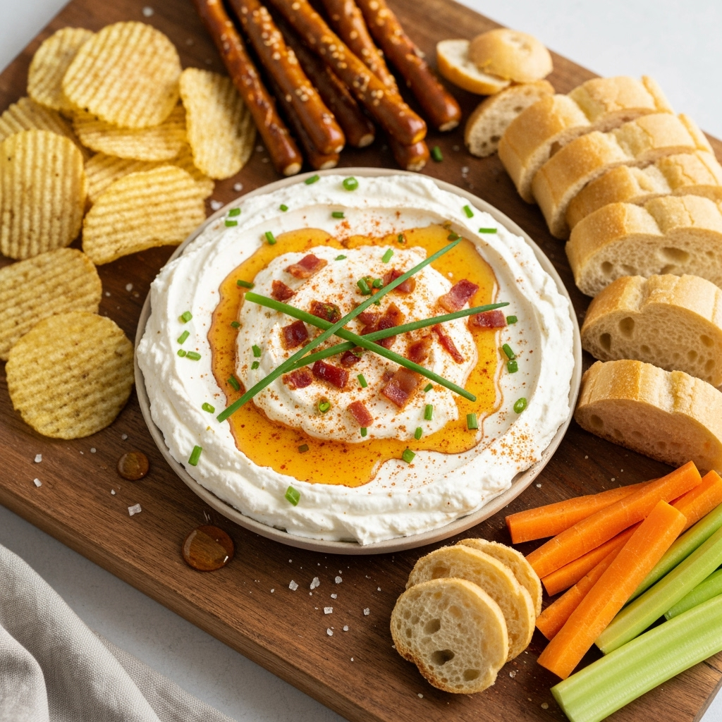 Hot honey cream cheese dip with bacon and chives
