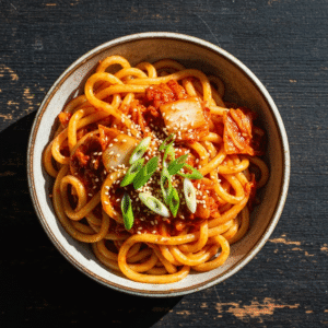 Spicy kimchi udon stir fry with chewy noodles and sesame seeds