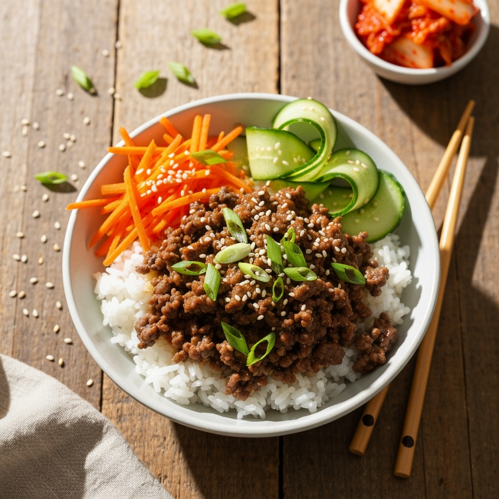 Korean beef bowl with rice and fresh vegetable toppings.