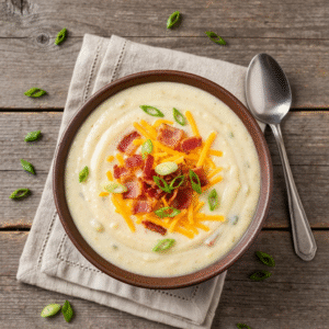 Creamy homemade loaded potato soup with bacon and cheese