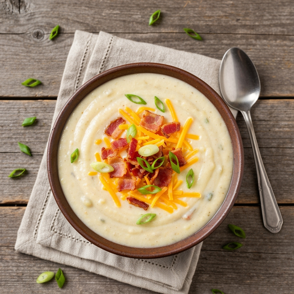 Creamy homemade loaded potato soup with bacon and cheese