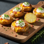 Loaded smashed potatoes with bacon, cheddar, and chives on a rustic board.