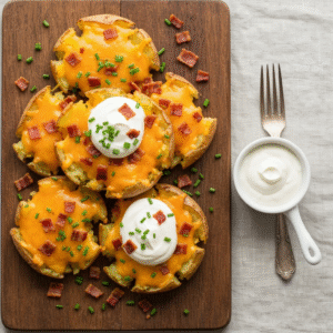 Loaded smashed potatoes with crispy bacon and melted cheddar cheese.