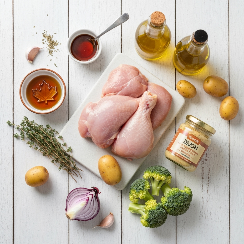 Sheet Pan Maple-Dijon Chicken 5 maple dijon chicken ingredients overhead 2025 10 08T013110.596Z 1