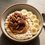 Creamy maple pecan overnight oats in a rustic bowl