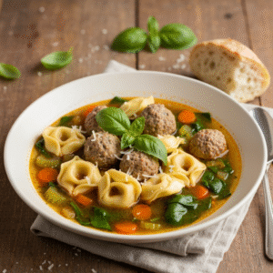 Meatball tortellini soup with spinach carrots and basil