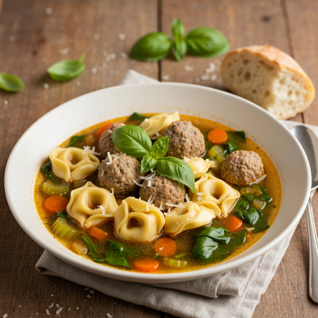 Meatball tortellini soup with spinach carrots and basil