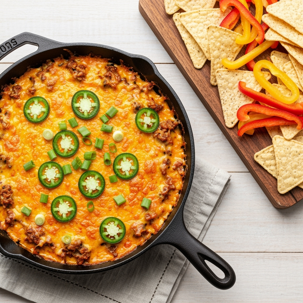 Meaty Texas Trash Dip with chips and peppers for dipping.