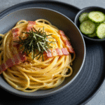 Japanese-Style Miso Carbonara 8 Creamy Japanese miso carbonara with bacon and nori garnish.