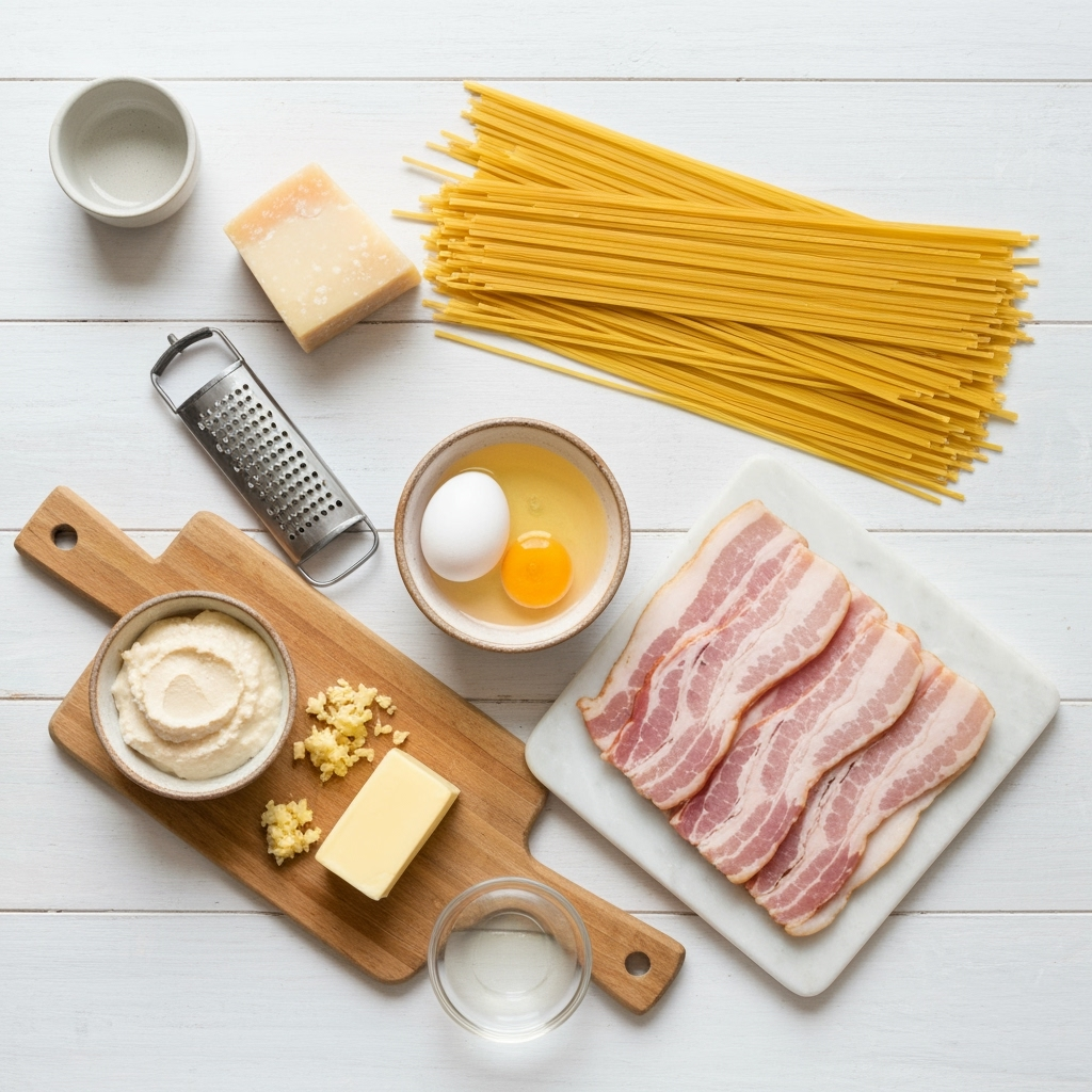 miso carbonara ingredients overhead flatlay 2025 10 06T031543.328Z