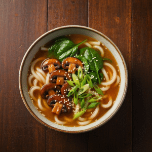 Steaming miso udon noodle soup with teriyaki mushrooms and spinach