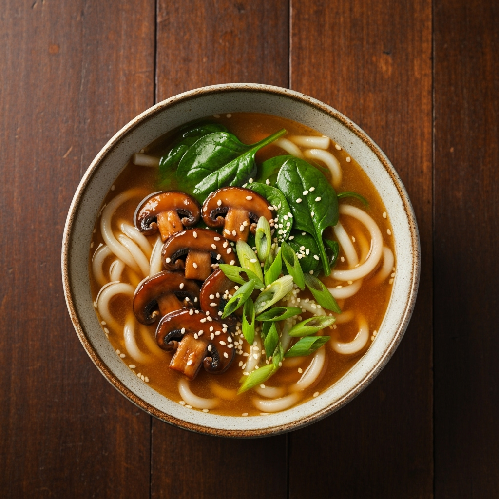 Steaming miso udon noodle soup with teriyaki mushrooms and spinach