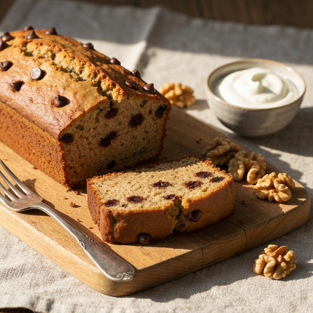 Moist high-protein banana bread slice with chocolate chips