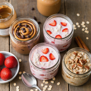 High protein overnight oats in chocolate strawberry and cinnamon flavors